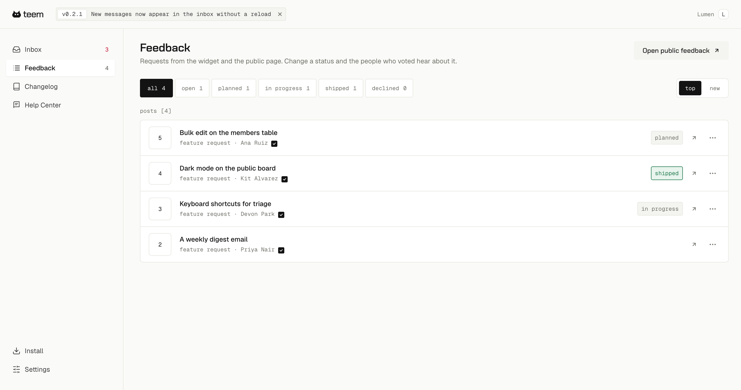 The Feedback screen in the teem dashboard, with status filters across the top and four requests each showing a status badge