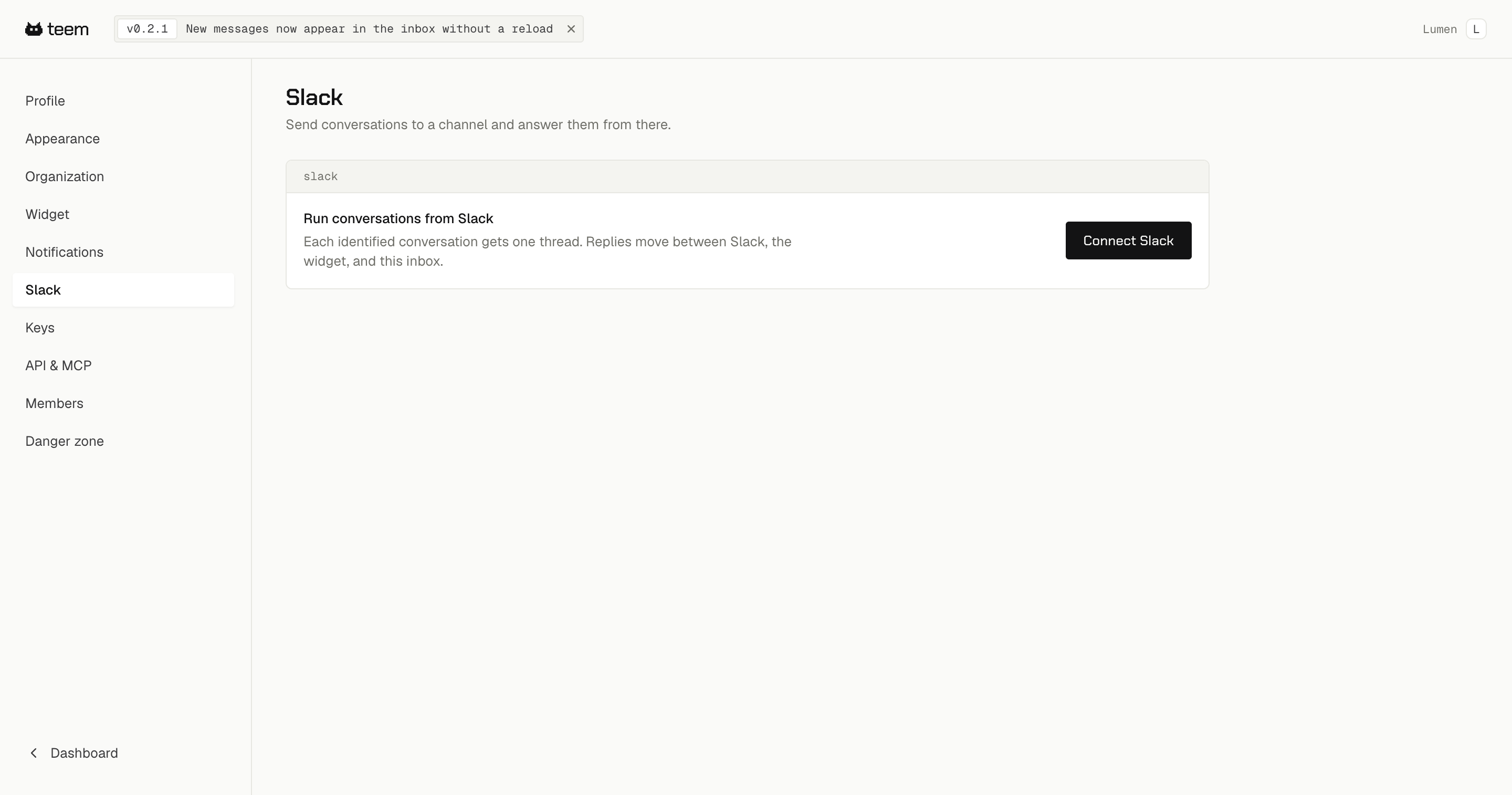 The Slack settings screen in teem, with a Connect Slack button and the rest of the settings navigation on the left