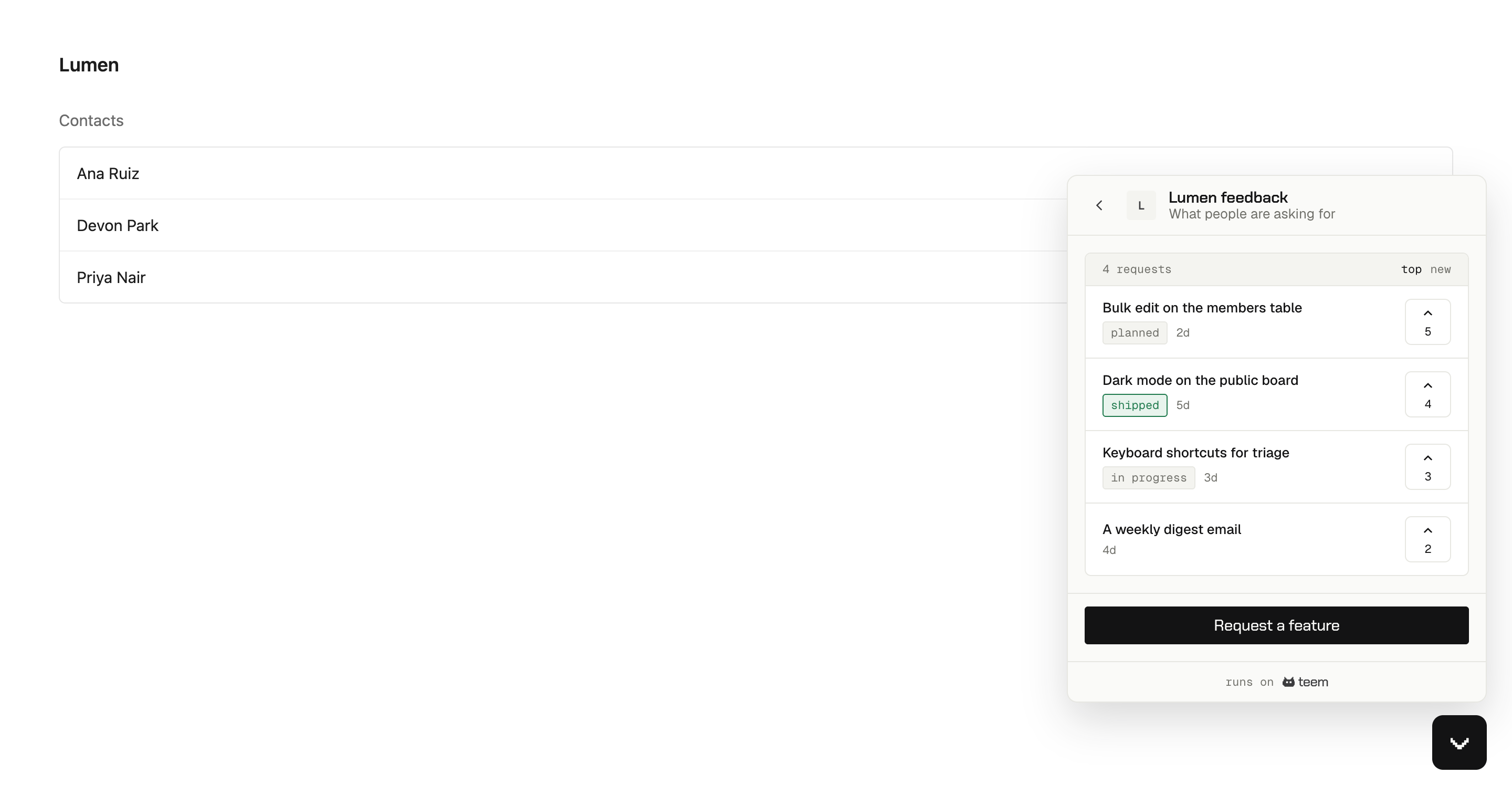 The feedback view inside the widget, listing four requests with their statuses and vote counts, and a Request a feature button