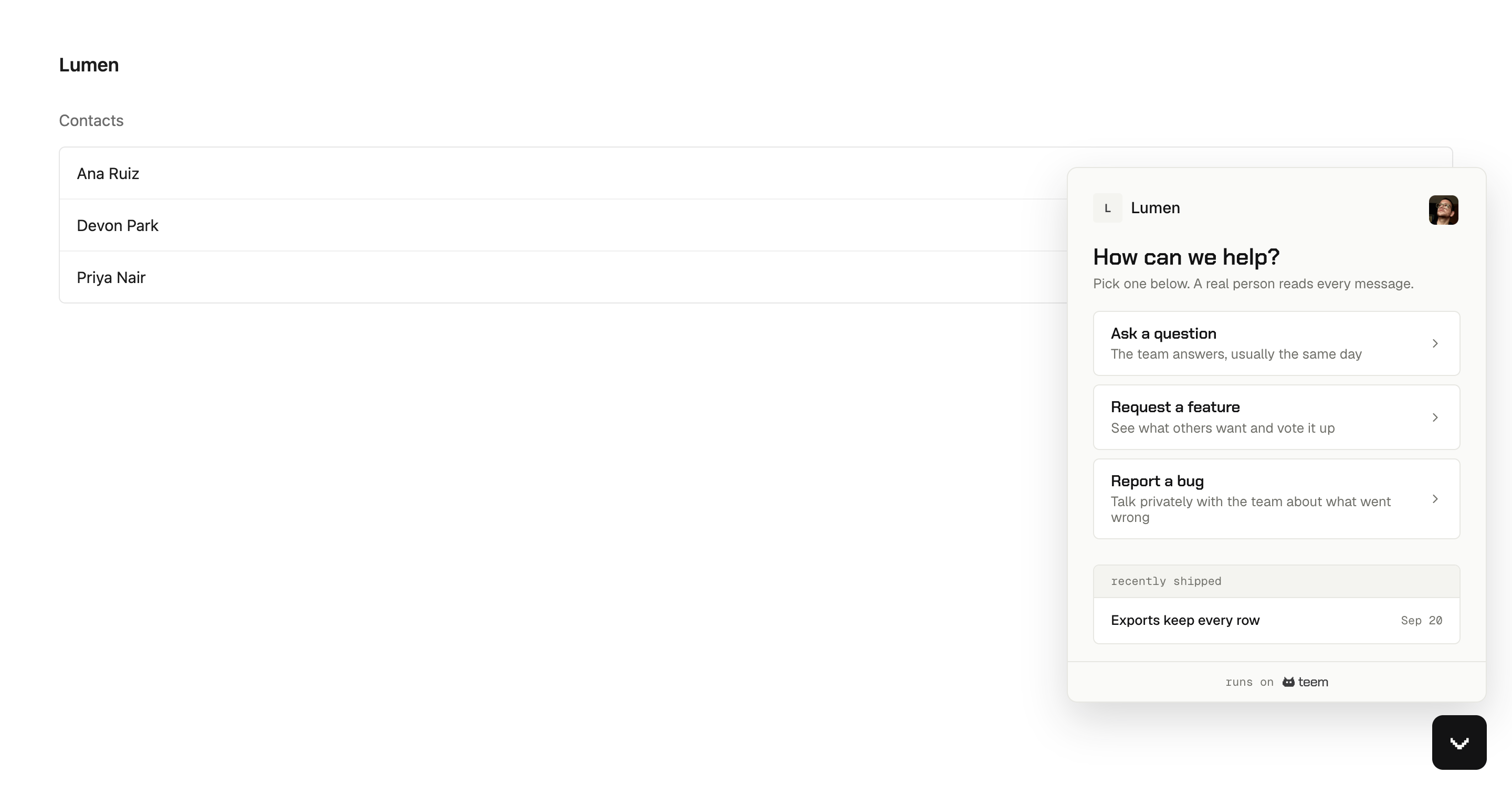 The teem widget open in an app, offering Ask a question, Request a feature and Report a bug, with a recently shipped changelog entry below